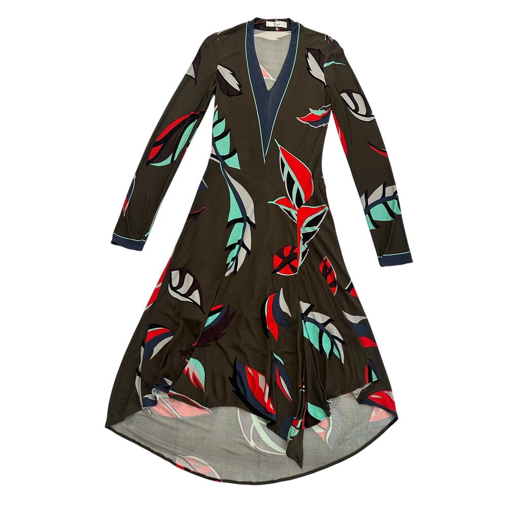 Yigal Azroual Dress Vintage A-line Asymmetric Long Sleeve Brown Floral